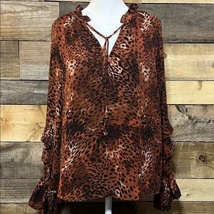 Versona Small Leopard Print Brown Black Rust Color Womens Blouse Flare Sleeves